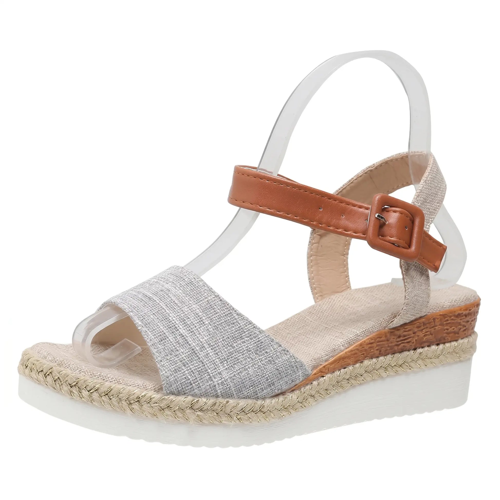 Elarae beige linen espadrille wedge sandals with peep-toe and adjustable tan faux leather ankle strap, featuring a white rubber platform sole.