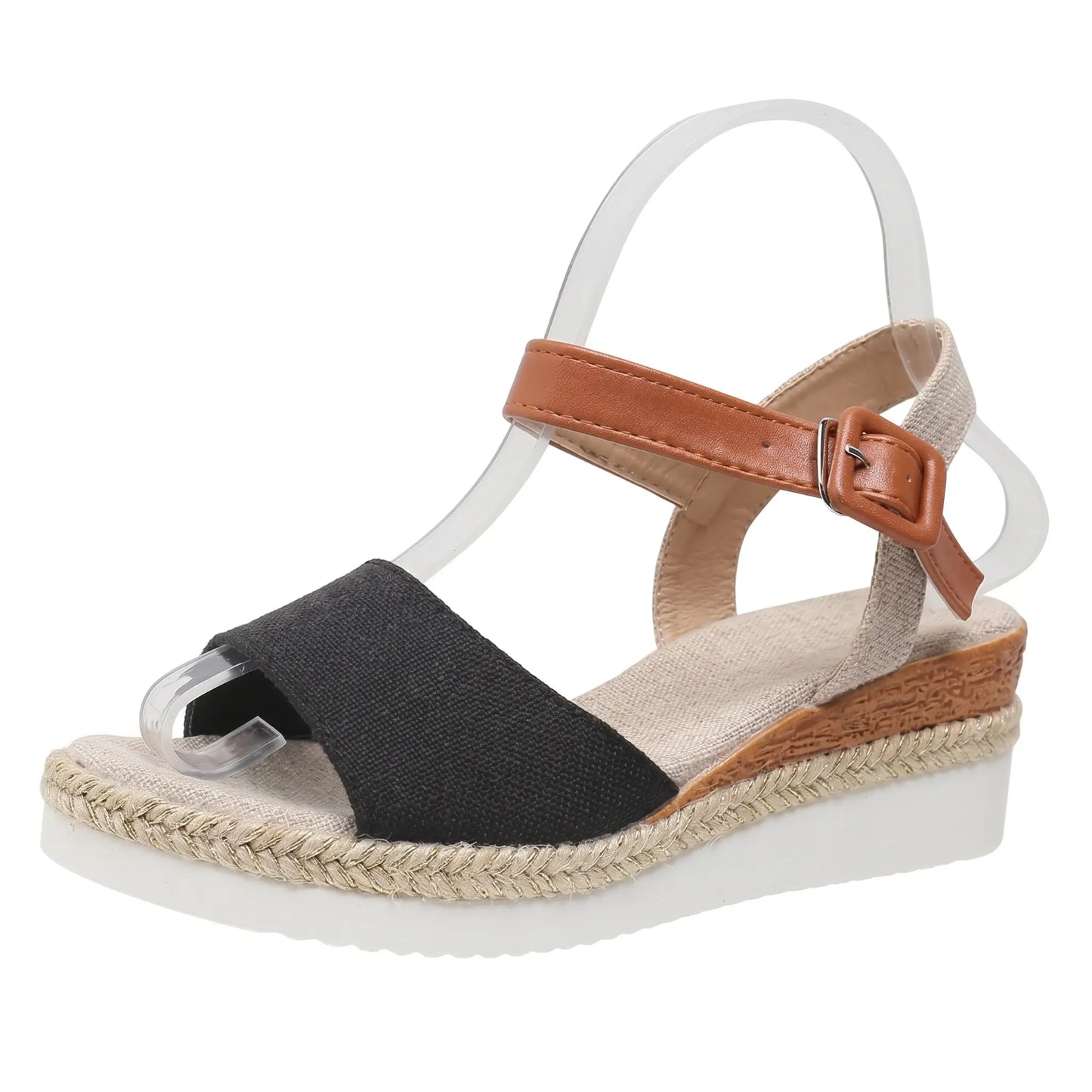 Elarae elegant espadrille wedge sandals in black and tan, featuring a peep-toe, adjustable ankle strap with buckle, and a white rubber platform sole with jute-wrapped wedge heel.