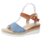Elarae women's espadrille wedge sandals in classic denim blue linen with a tan faux leather ankle strap and buckle closure, featuring a peep-toe design and white platform sole.