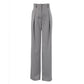 Elegant grey high-waisted wide-leg trousers with sharp front pleats and a fluid drape, shown in a studio front view.