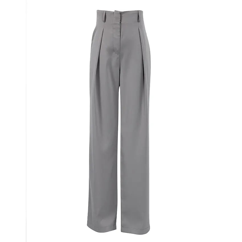 Elegant grey high-waisted wide-leg trousers with sharp front pleats and a fluid drape, shown in a studio front view.
