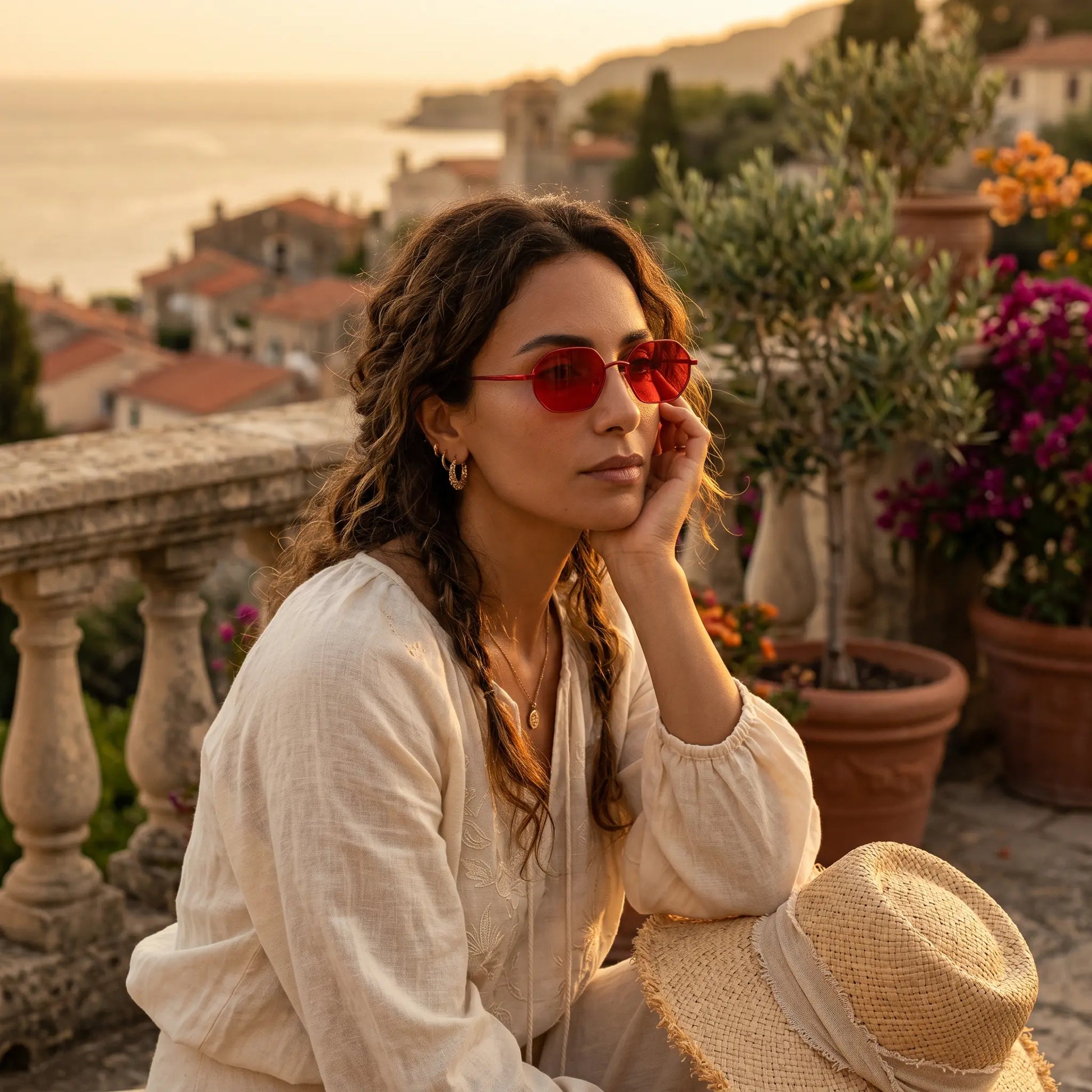 A woman wearing elegant octagonal sunglasses with vibrant red lenses and thin red frames, styled with a cream bohemian dress on a sun-drenched terrace overlooking the sea.