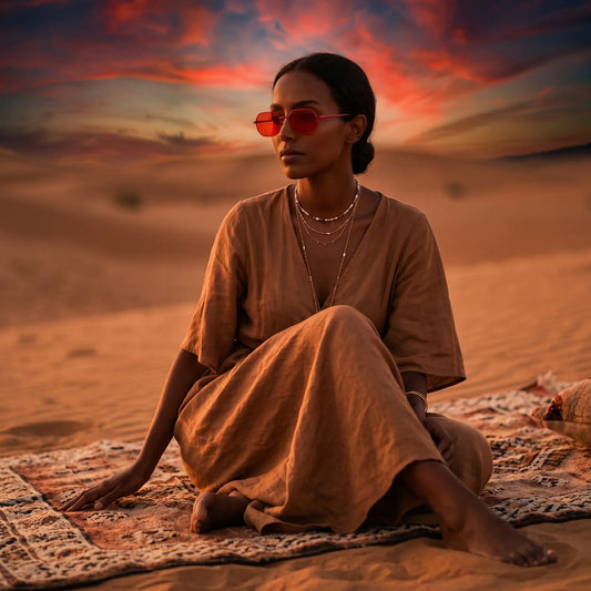 A woman wearing elegant red octagonal sunglasses sits in a desert at sunset, styled with layered necklaces and a flowing brown dress, evoking a bohemian spirit.