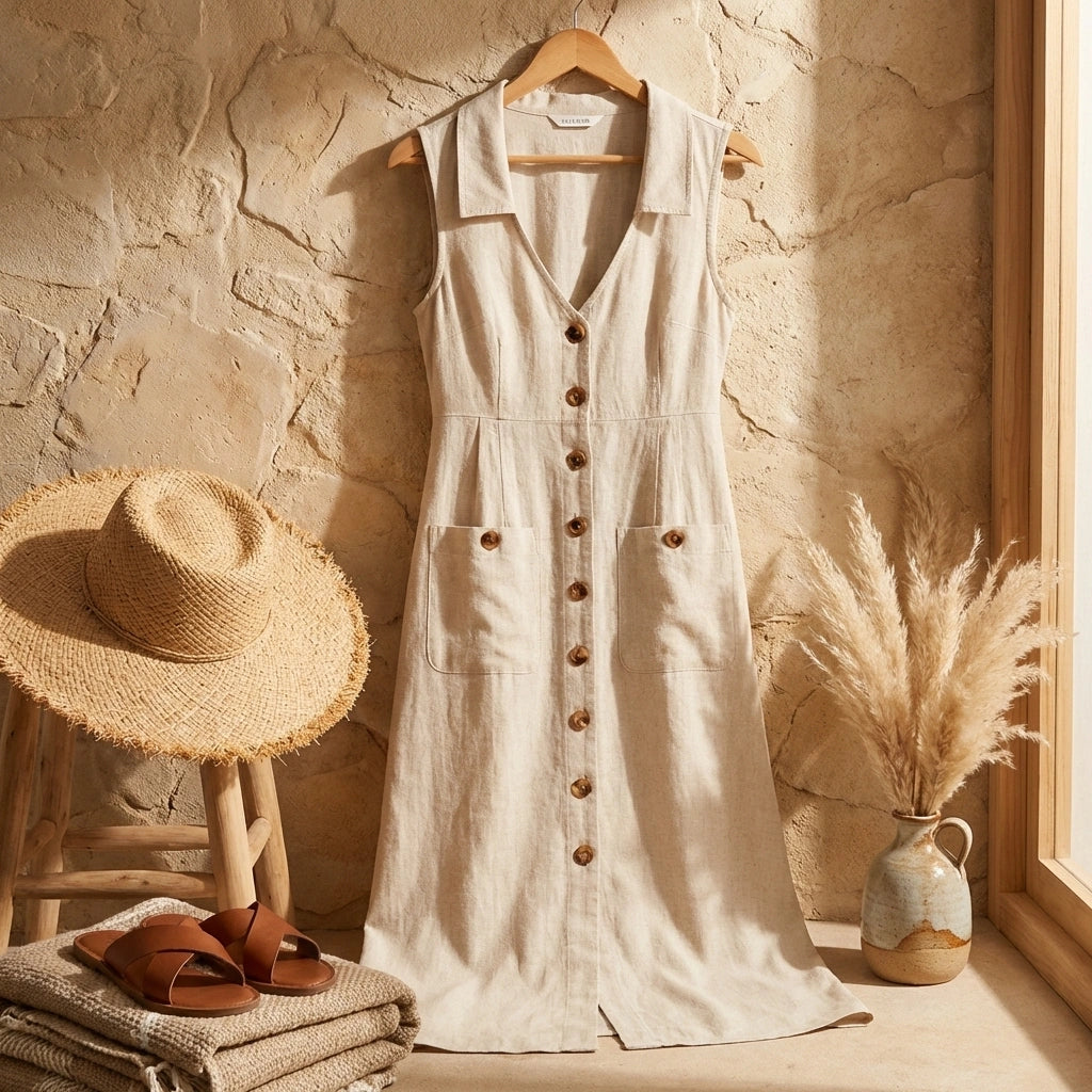 Elivora linen midi dress in beige with a button-down front, V-neck, and pockets, displayed in a summer-themed lifestyle setting.