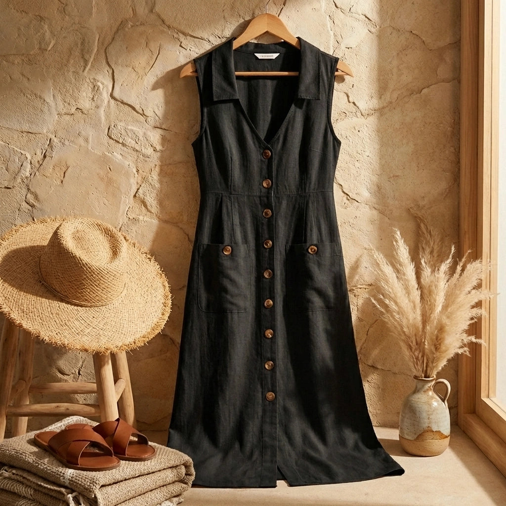 Elivora black linen midi dress with button-down front and sleeveless design, displayed in a rustic lifestyle setting with a straw hat.