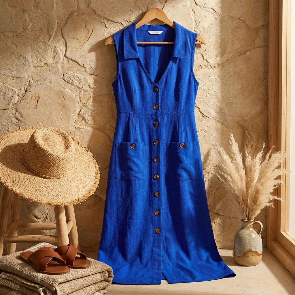 Elivora blue linen midi dress with button-down front and pockets, displayed on a hanger against a stone wall with a straw hat and pampas grass.