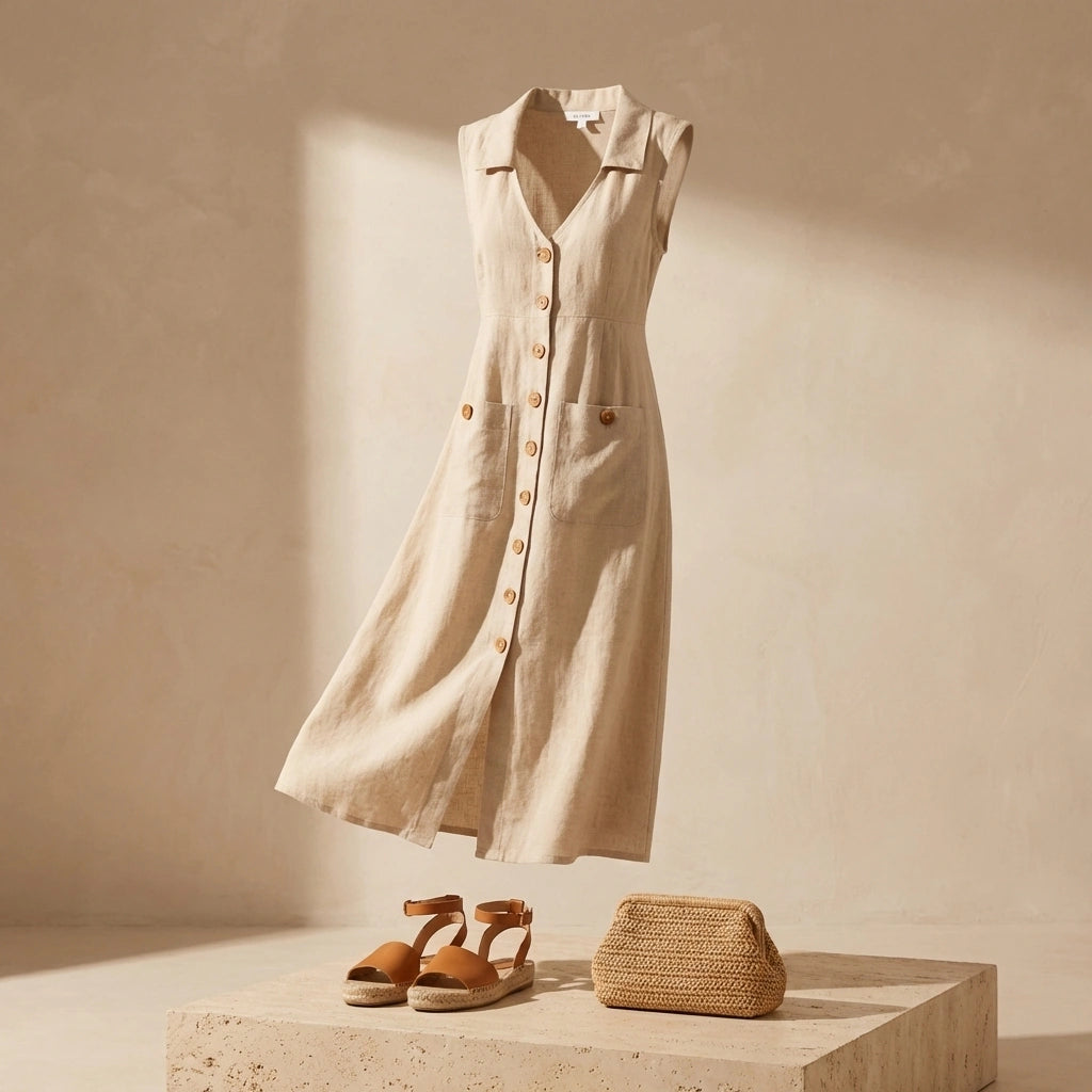 Elivora linen midi dress in beige with button-down front, V-neckline, and pockets, styled with sandals and a straw clutch, front view.