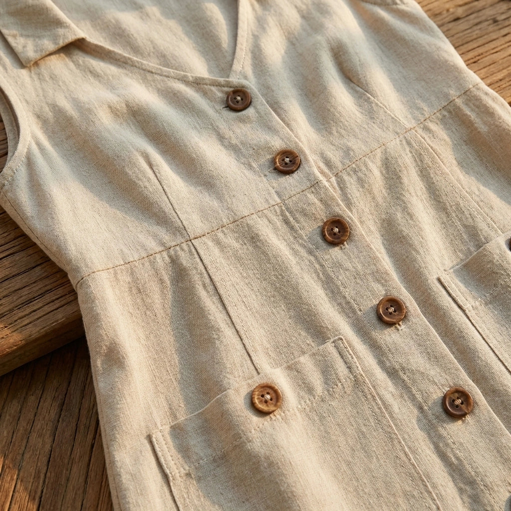 Close-up of Elivora linen midi dress in beige, showing wood-style buttons, V-neckline, and deep patch pockets on textured fabric.