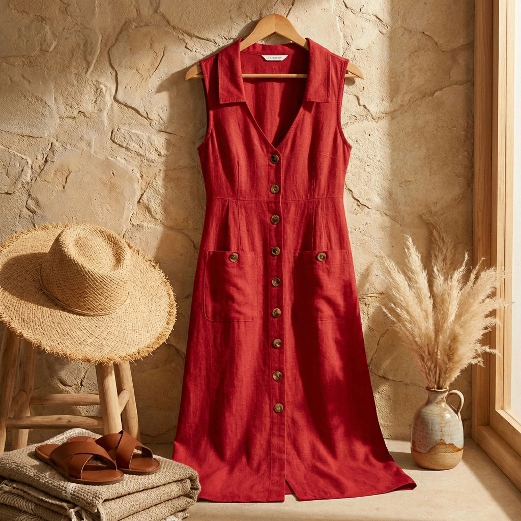 Elivora linen midi dress in sunset rose red with button-down front and pockets, displayed in a rustic coastal lifestyle setting.
