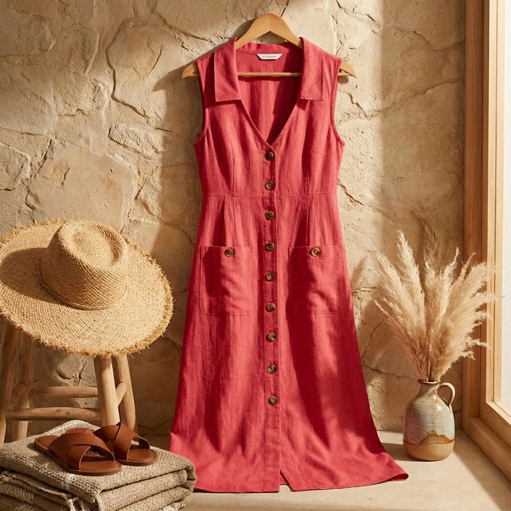 Elivora sunset rose linen midi dress with button-down front and pockets, displayed in a styled summer lifestyle setting.