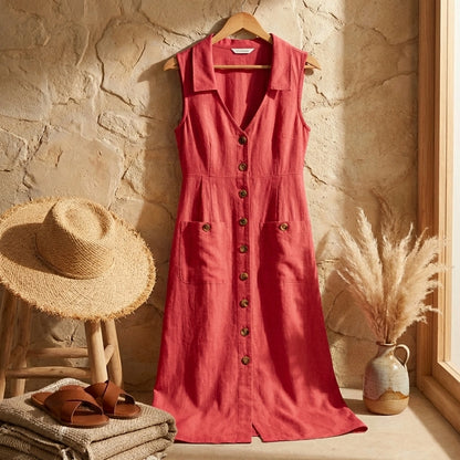 Elivora sunset rose linen midi dress with button-down front and pockets, displayed in a styled summer lifestyle setting.