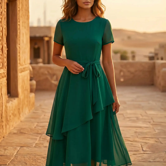 Elegant emerald green A-line layered chiffon midi dress on a model. Features sheer cap sleeves, a self-tie waist, and a flowing asymmetric double-layer skirt. Styled outdoors.
