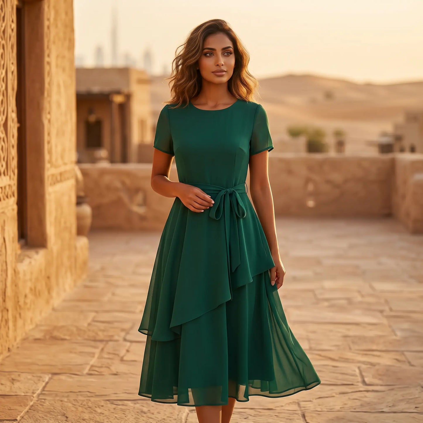Elegant emerald green A-line midi dress worn by a model, showcasing its round neck, sheer cap sleeves, and self-tie waist. The unique asymmetric double-layer chiffon skirt flows beautifully as she walks through a golden desert resort.