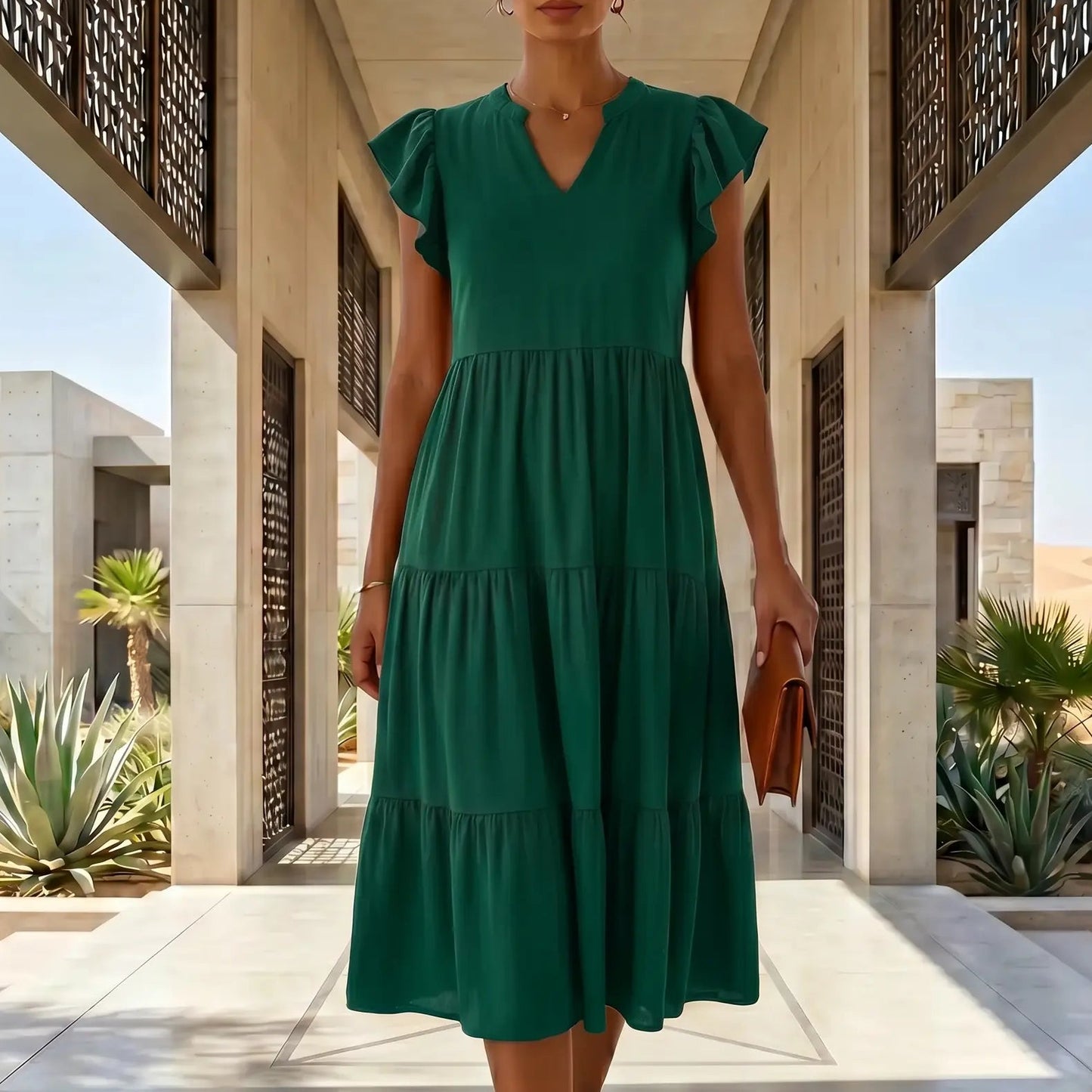 Model wears an emerald green tiered midi dress with a V-neck and ruffle cap sleeves, walking in a modern architectural hallway.