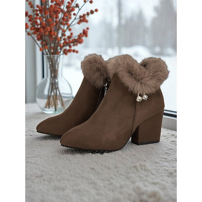 Fur-Trimmed Block Heel Ankle Boots