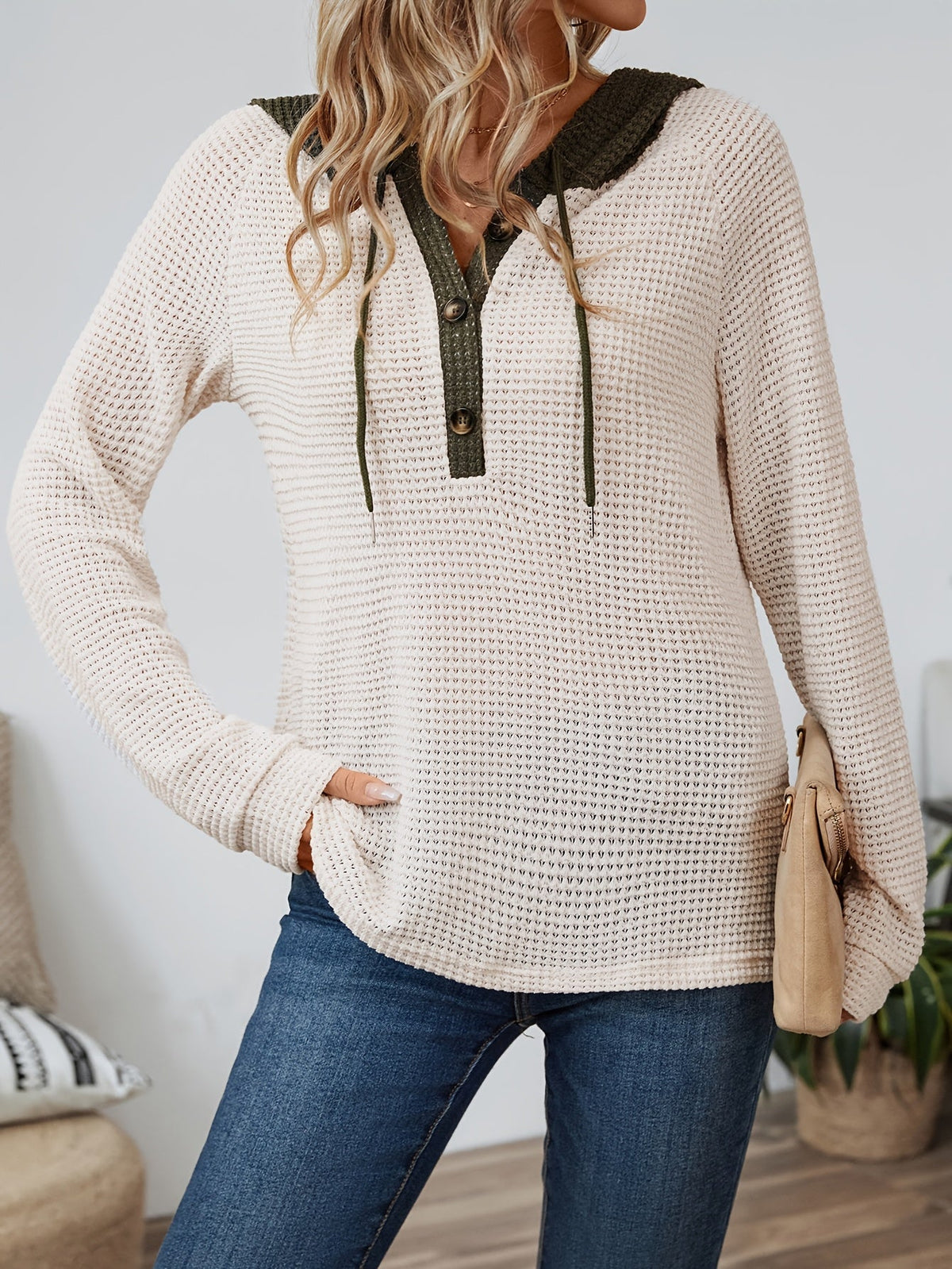Relaxed Waffle-Knit Hooded Top