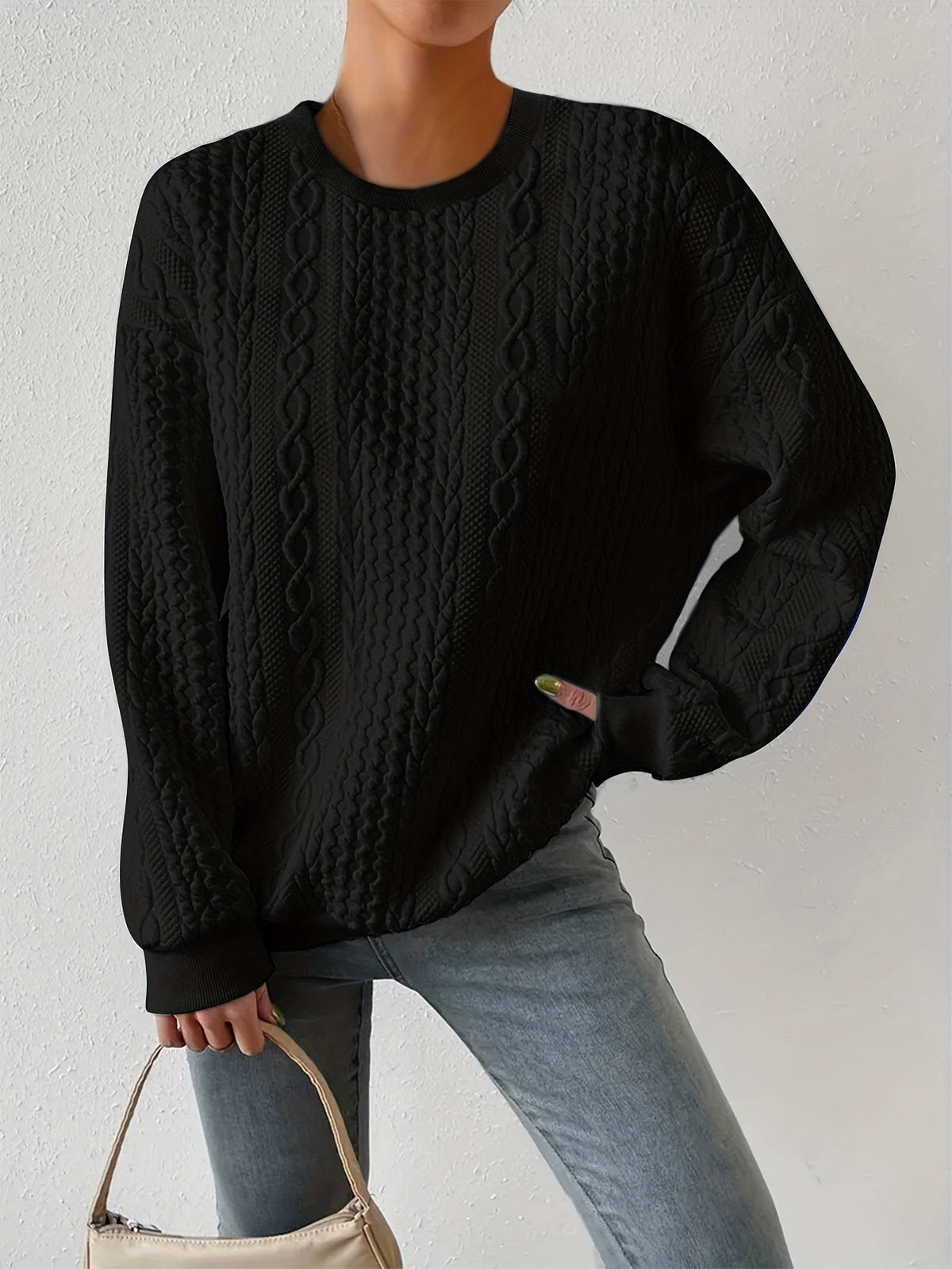 Textured Cable-Knit Crewneck Sweatshirt