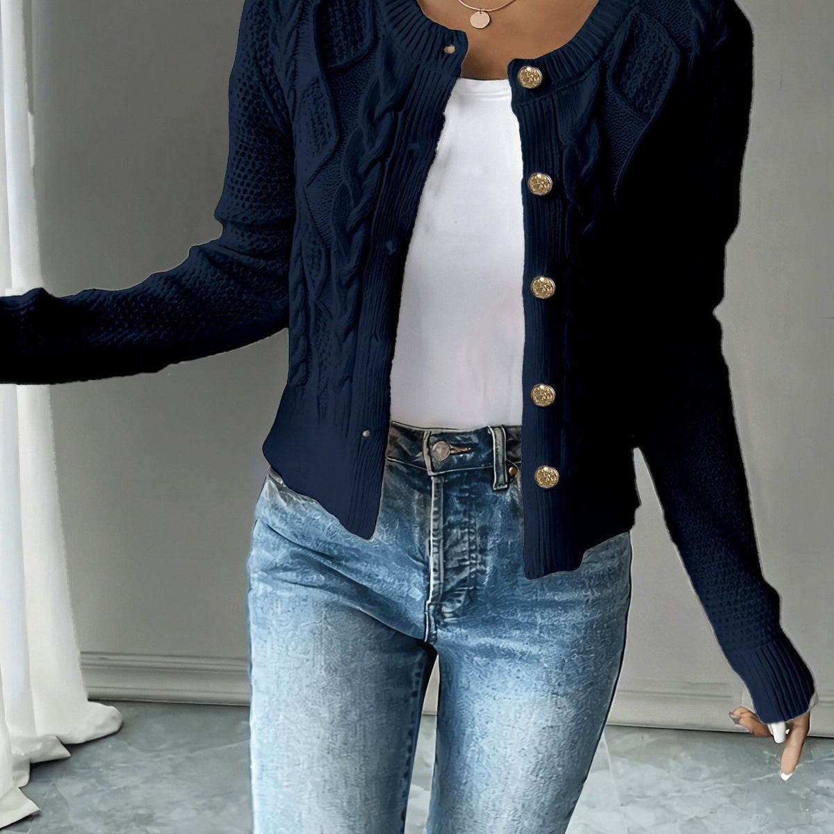 Cable-Knit Button-Front Cardigan