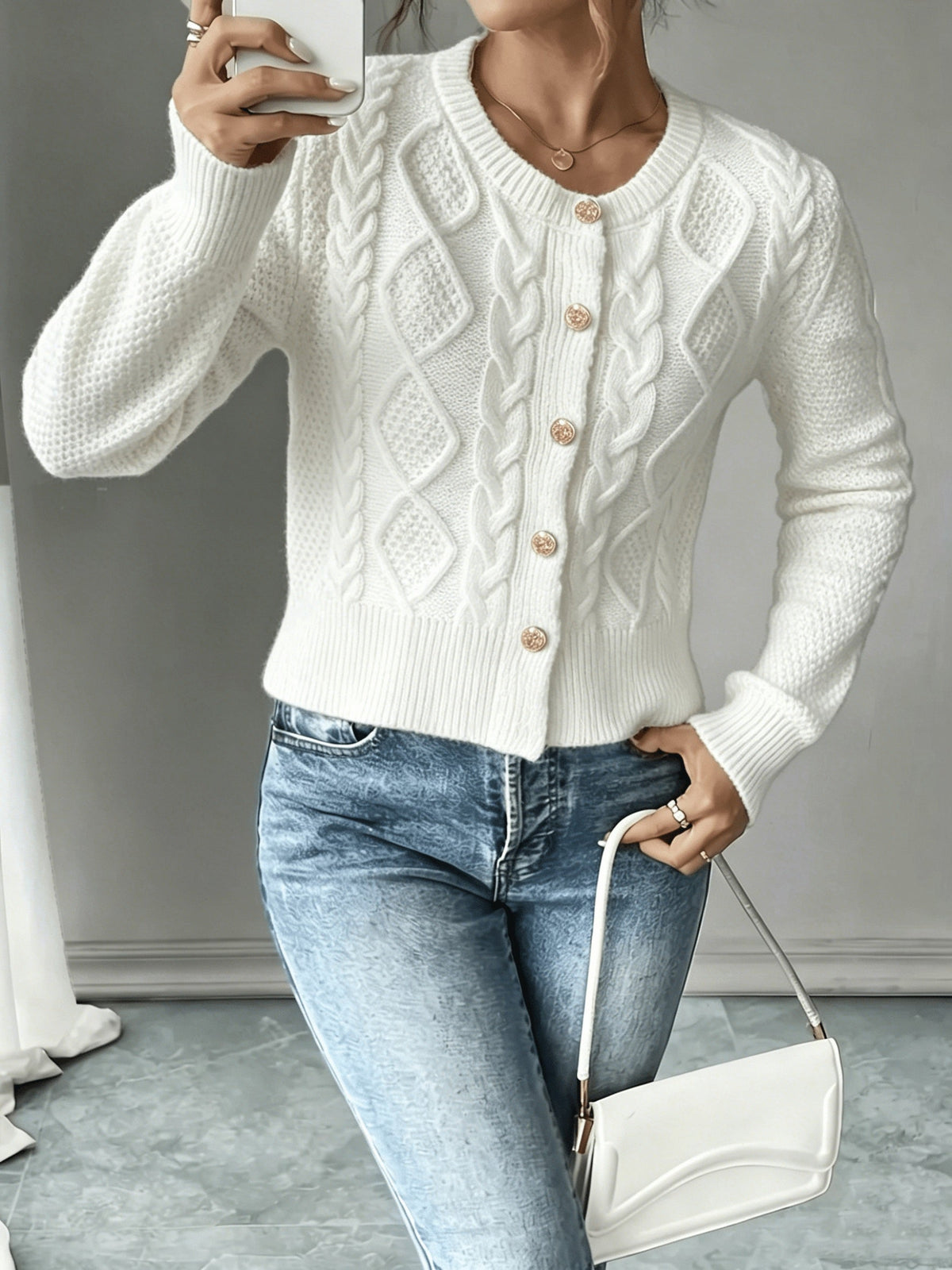Cable-Knit Button-Front Cardigan