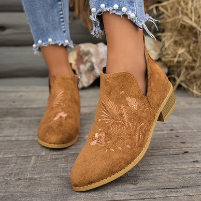 Embroidered Low-Heel Ankle Boots