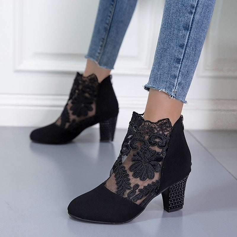 Lace-Accent Block Heel Ankle Boots