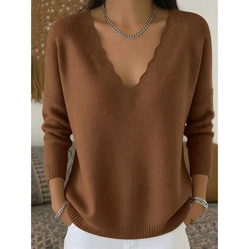 Scalloped V-Neck Pullover