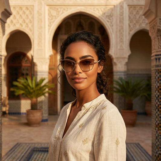 Elegant woman wears Galyth Cat Eye Crystal Temple Sunglasses with a gold frame and brown lenses in a sunlit Moroccan courtyard with ornate arched doorways and tiled details.