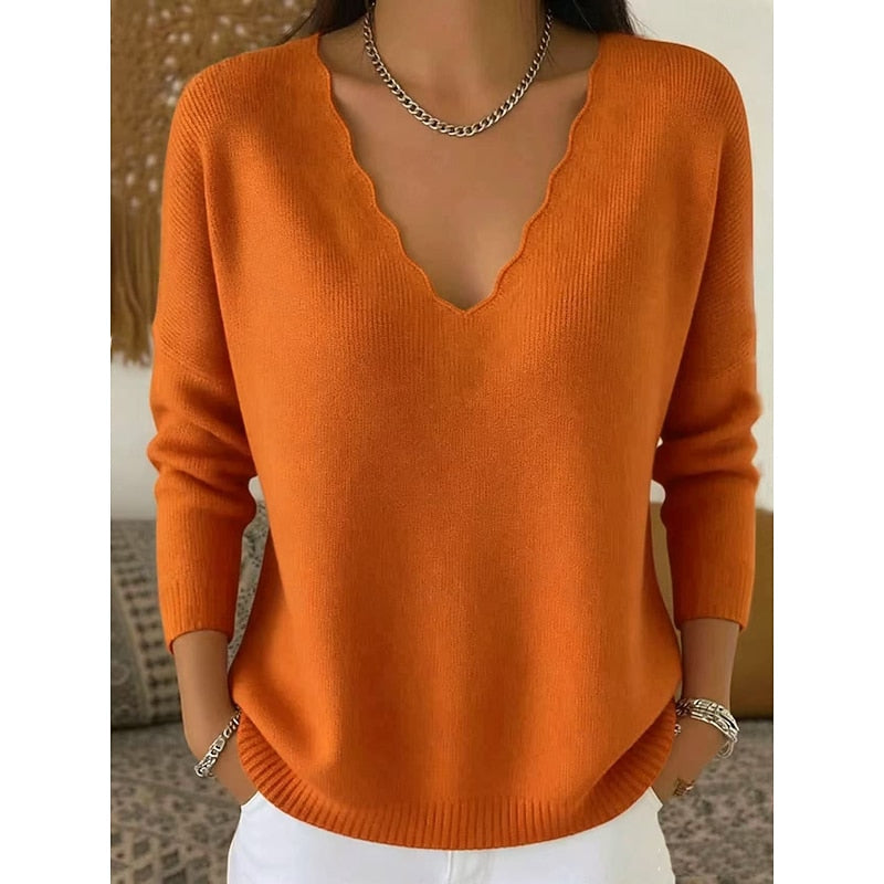 Scalloped V-Neck Pullover