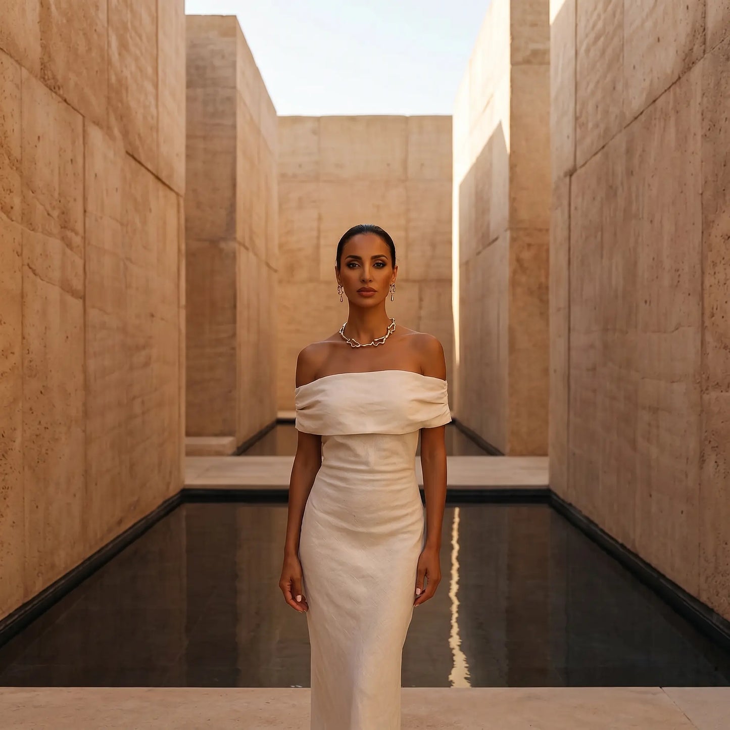 Female model wearing a high-polish gold liquid metal choker necklace and matching abstract earrings in a modern architectural setting.