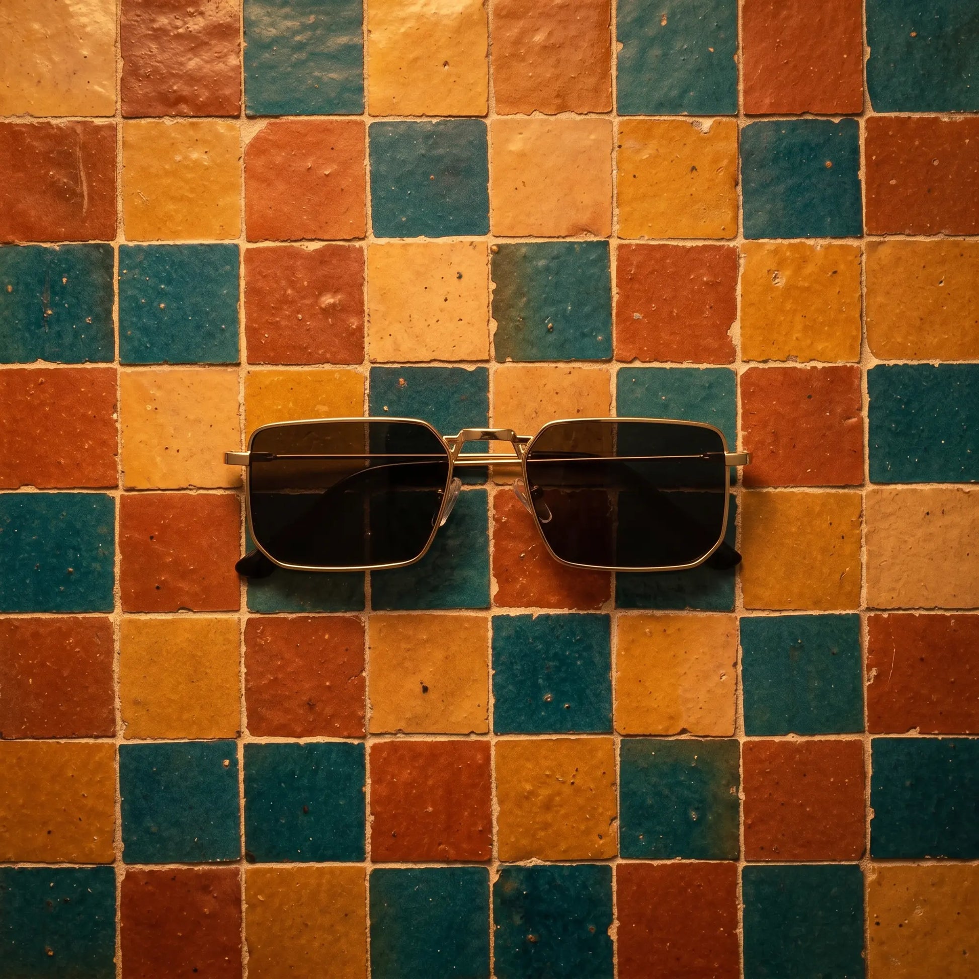 Gold square metal sunglasses with dark grey tinted lenses, resting on a vibrant mosaic of orange, yellow, and teal square tiles.