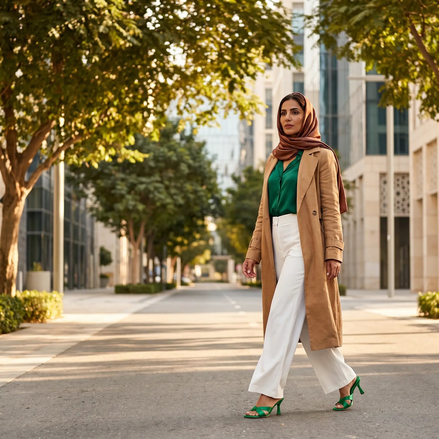 A woman walks down a sunny city street wearing white wide-leg pants, a green blouse, a tan trench coat, and emerald green square-toe stiletto mules with a knot detail.
