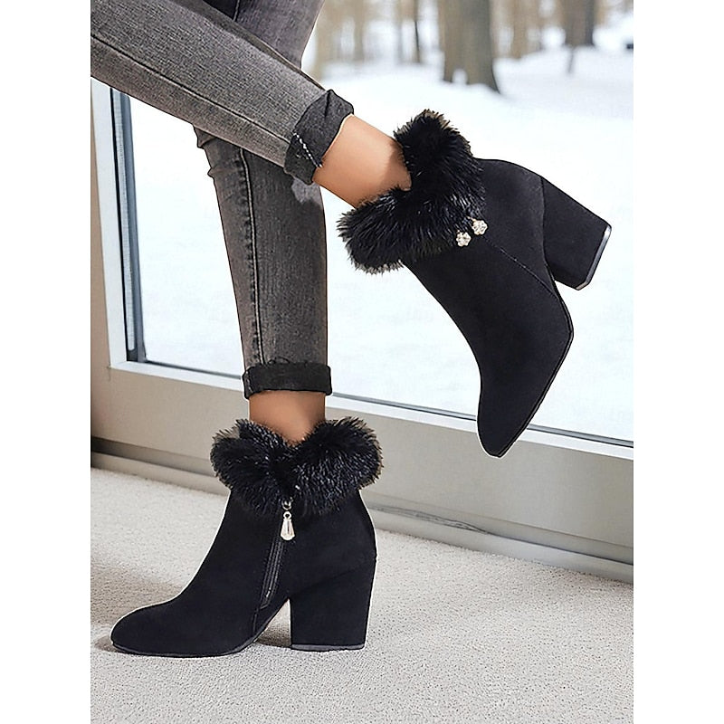 Fur-Trimmed Block Heel Ankle Boots