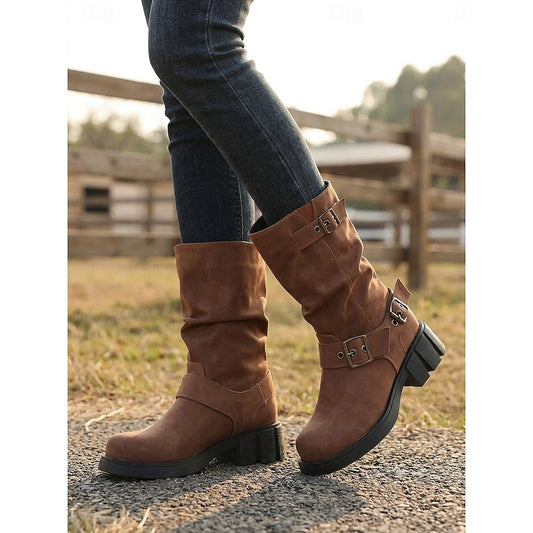 Buckle-Detail Mid-Calf Biker Boots