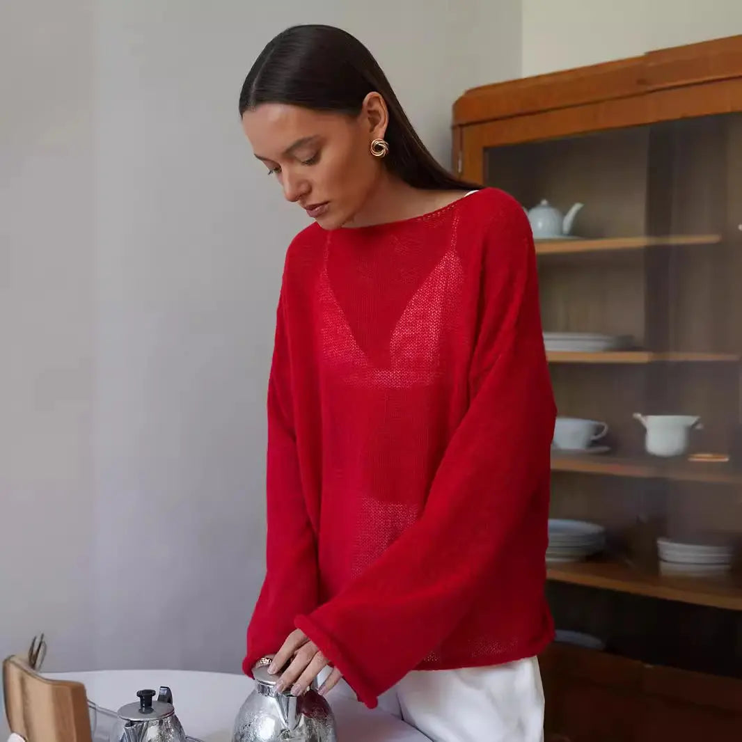 Zomari - Sheer Bell Sleeve Knit Sweater
