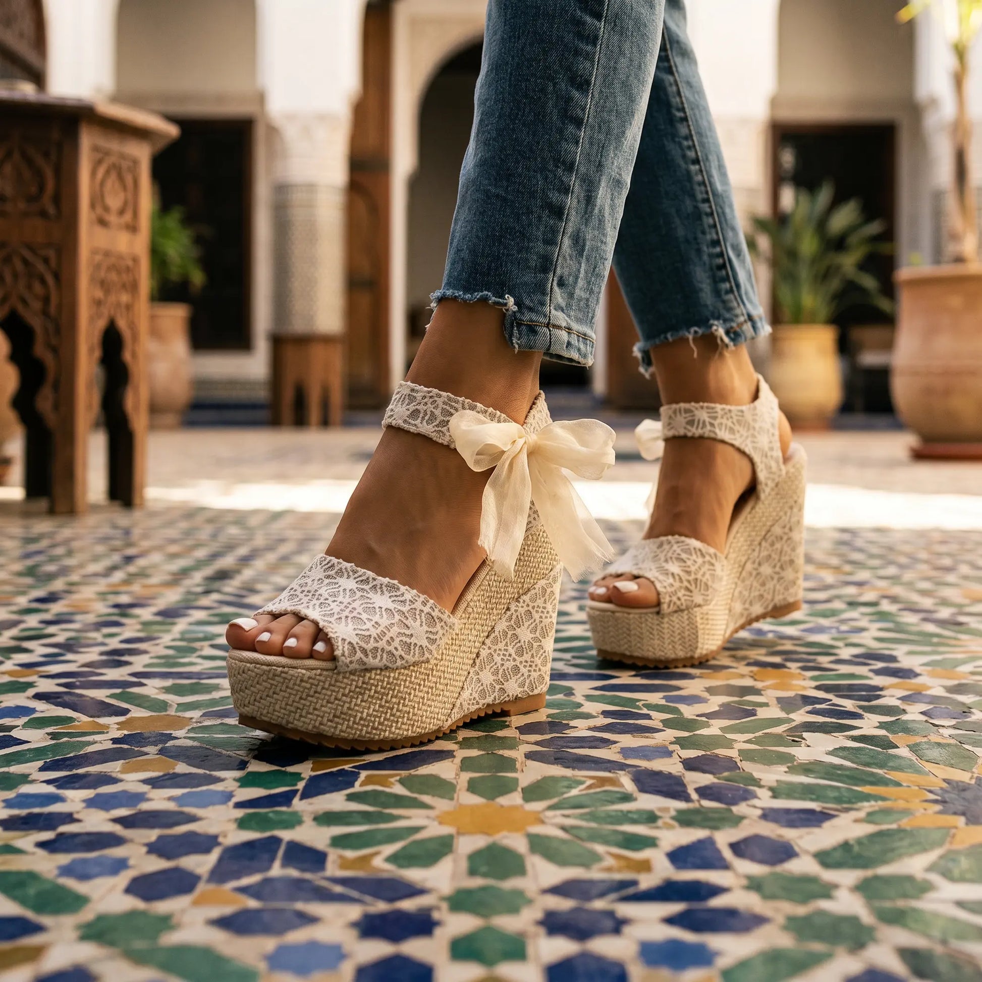 Ivory lace peep-toe espadrille wedge sandals with a woven platform and sheer ribbon ankle ties, worn with blue jeans on a colorful mosaic courtyard floor.