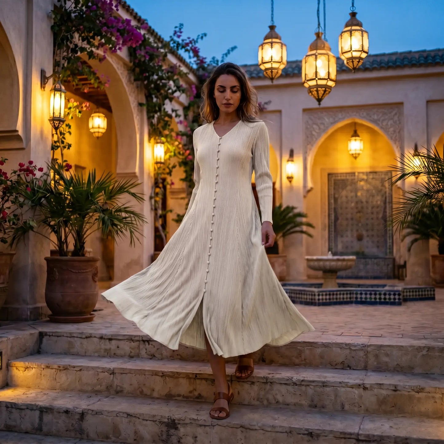 Model walks down steps in an Ivory White Zethrin pleated V-neck midi dress, featuring long sleeves and fabric-covered buttons, in an elegant courtyard setting.