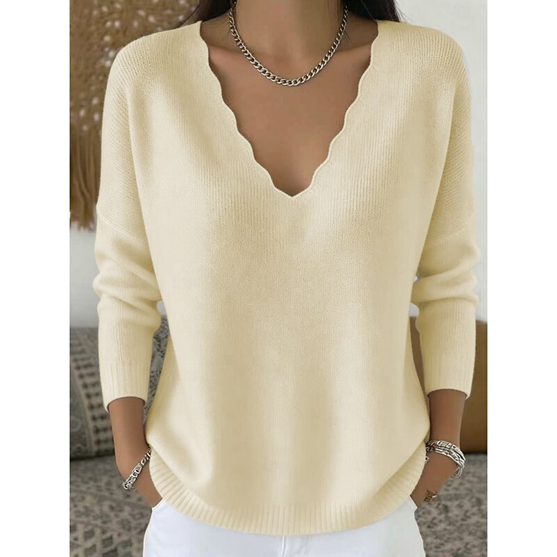 Scalloped V-Neck Pullover