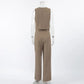 Jovik women's chic beige sleeveless vest and high-waisted wide-leg trouser set, shown from the back view, highlighting the tailored silhouette and flowy fabric.