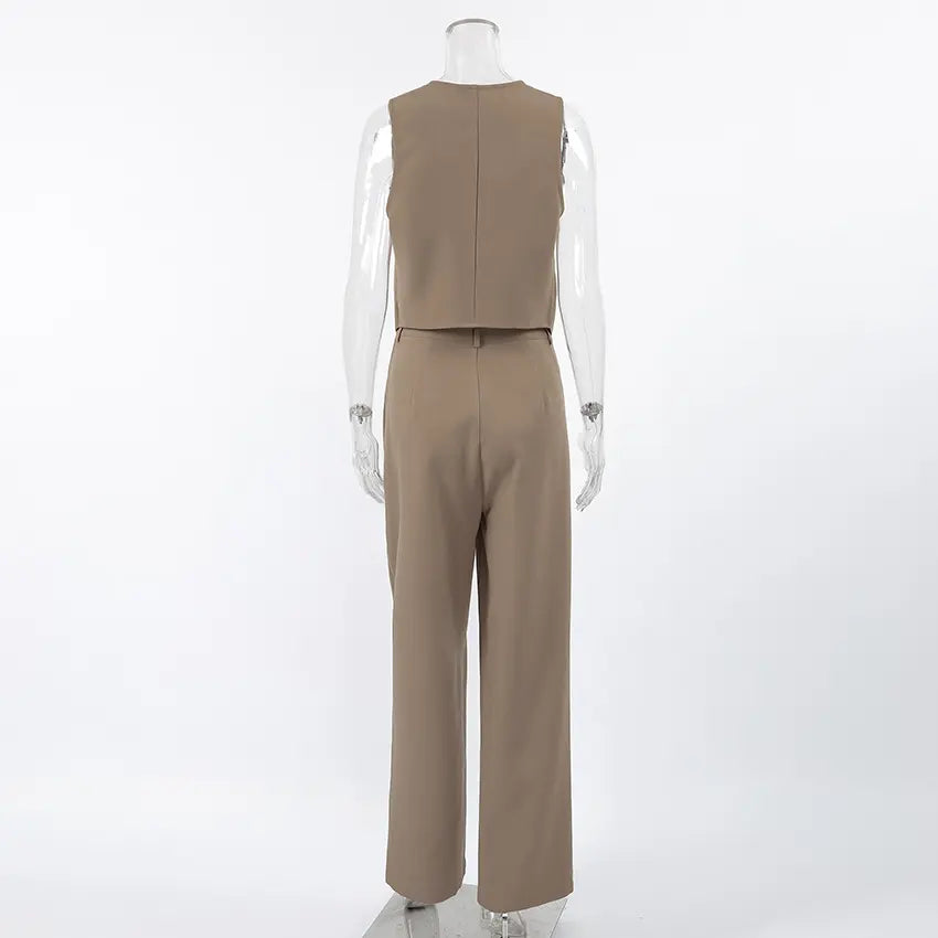 Jovik women's chic beige sleeveless vest and high-waisted wide-leg trouser set, shown from the back view, highlighting the tailored silhouette and flowy fabric.