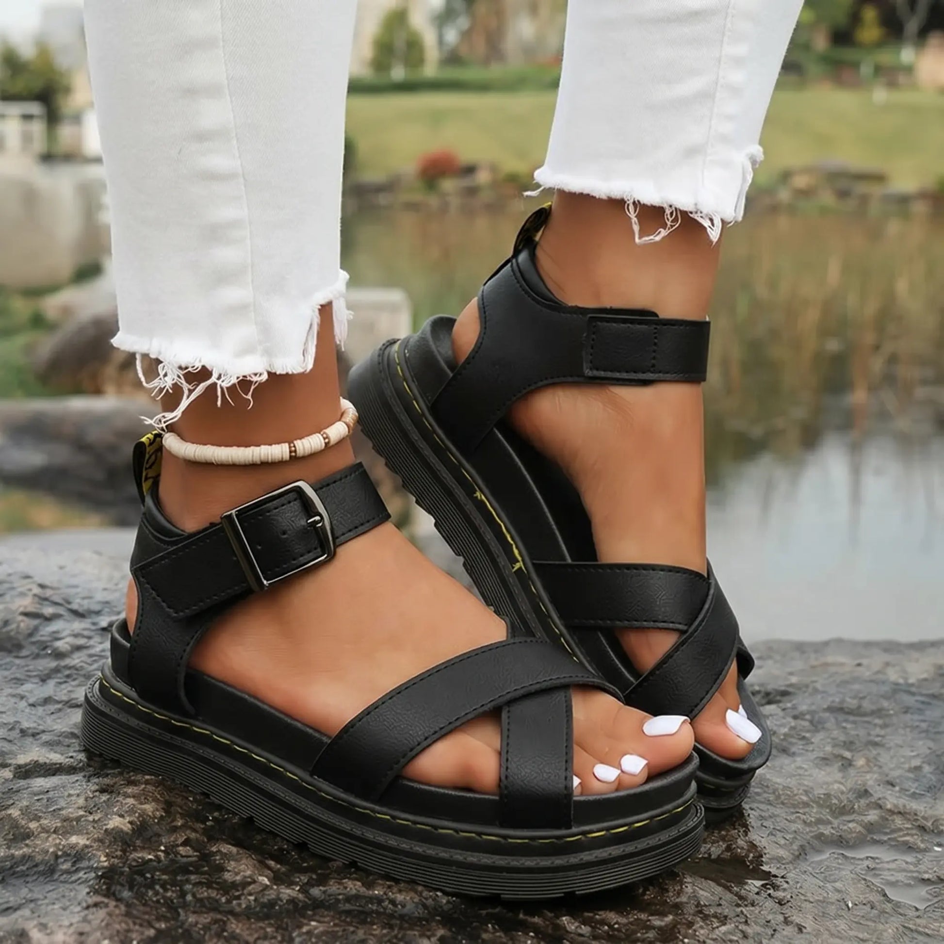 Kaelen black chunky sole platform sandals with criss-cross vamp straps and buckle ankle closure, styled with ripped white jeans on natural rocks.