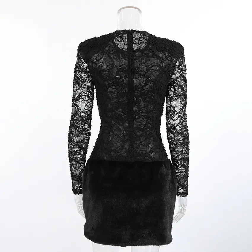 Back view of the Kaelen black lace mini dress, featuring long sheer lace sleeves and a plush faux fur skirt for a striking contrast.
