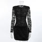 Elegant black Kaelen lace mini dress featuring a sheer floral lace bodice and sleeves with structured shoulders, a high waist, and a plush faux fur skirt. Front view on a mannequin.
