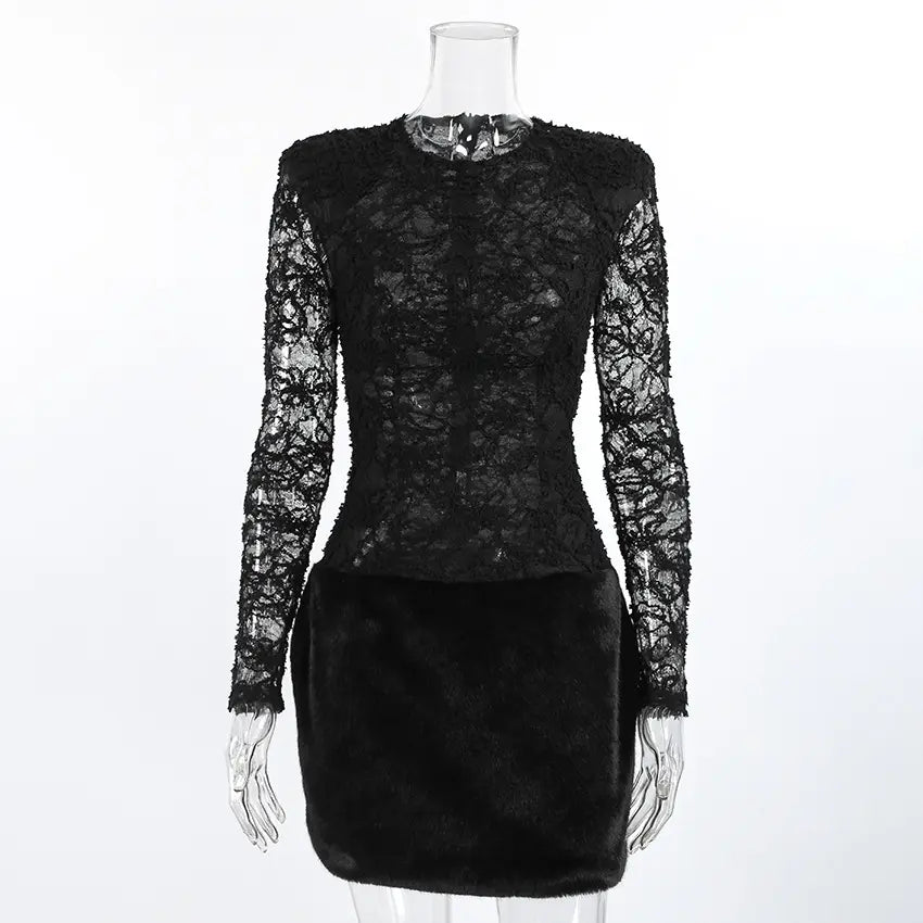 Elegant black Kaelen lace mini dress featuring a sheer floral lace bodice and sleeves with structured shoulders, a high waist, and a plush faux fur skirt. Front view on a mannequin.