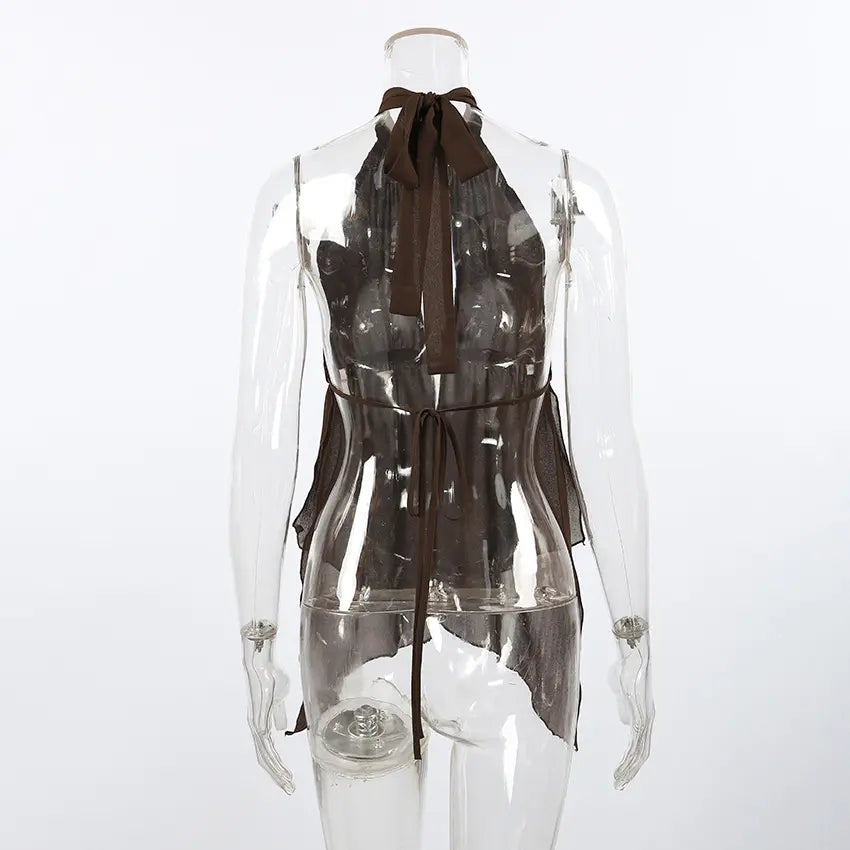 Back view of a Kaelen boho chiffon halter top in warm brown, showcasing its tie-back closure, open back design, and flowing, layered asymmetrical hem for a romantic, free-spirited look.