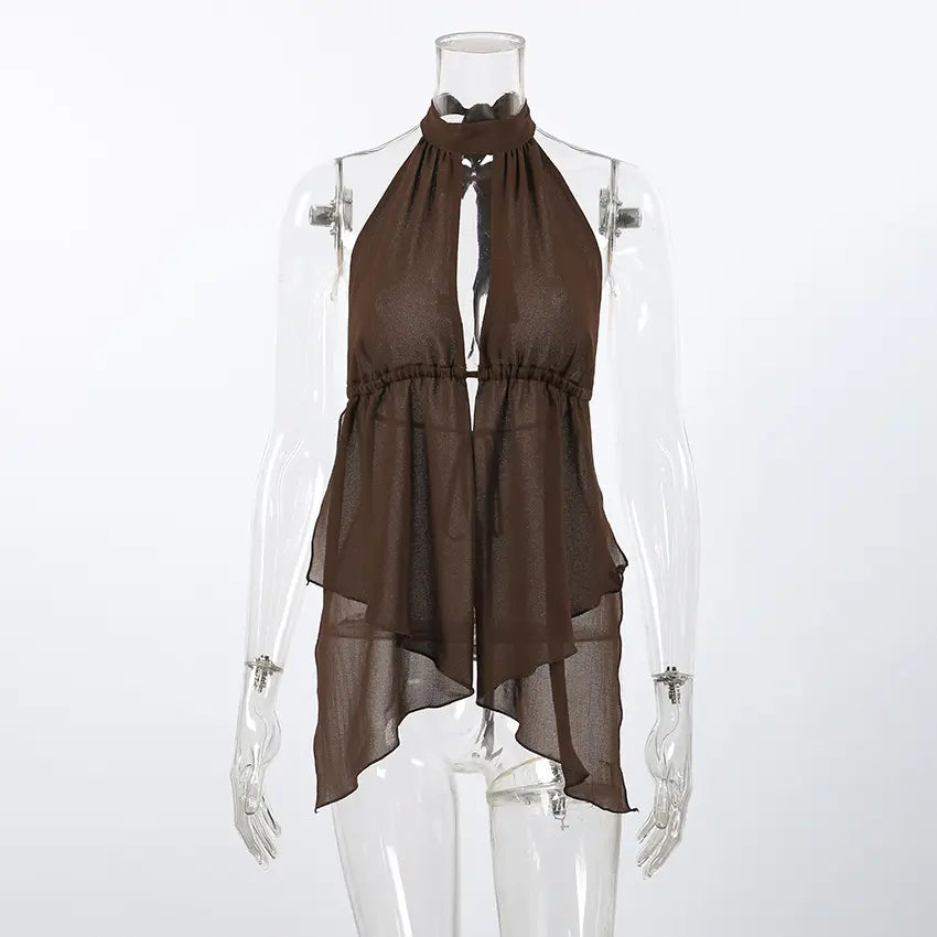 A Kaelen boho chiffon halter top in deep brown, featuring a keyhole cutout at the bust, a backless design, and a flowy, asymmetrical layered hem. Shown on a mannequin against a white studio background.