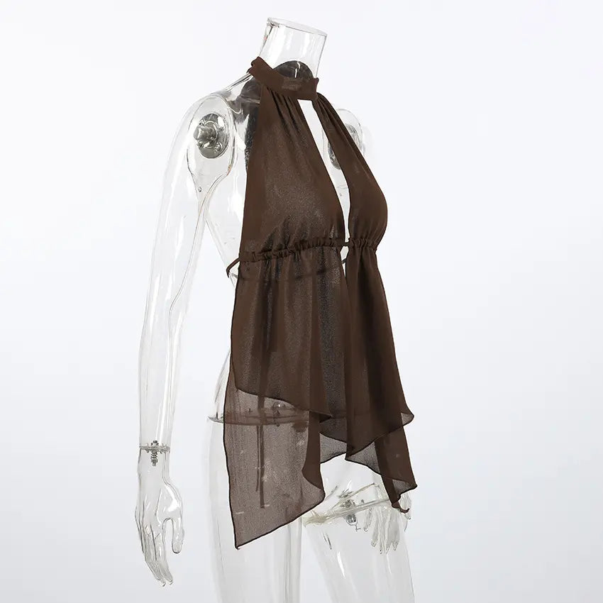 Kaelen women's flowy brown chiffon halter top, featuring a keyhole cutout and asymmetrical layered hem, shown from a side view with tie-back closure.
