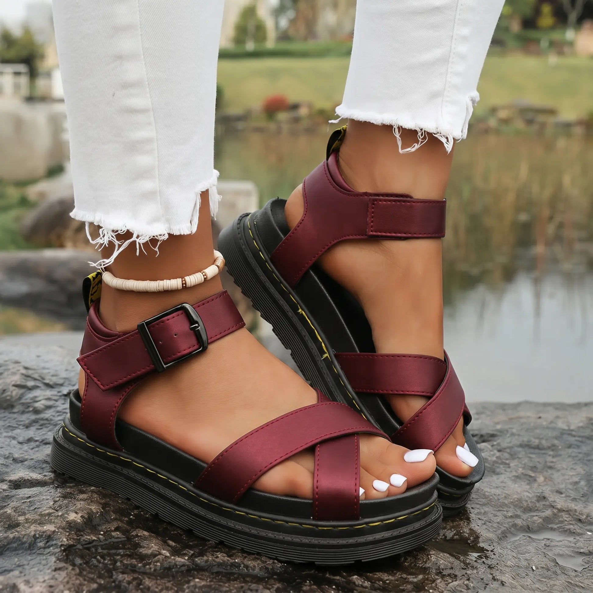 Deep wine red Kaelen platform sandals featuring criss-cross straps and a chunky lugged sole, worn by a model with ripped white jeans on natural rock formations.