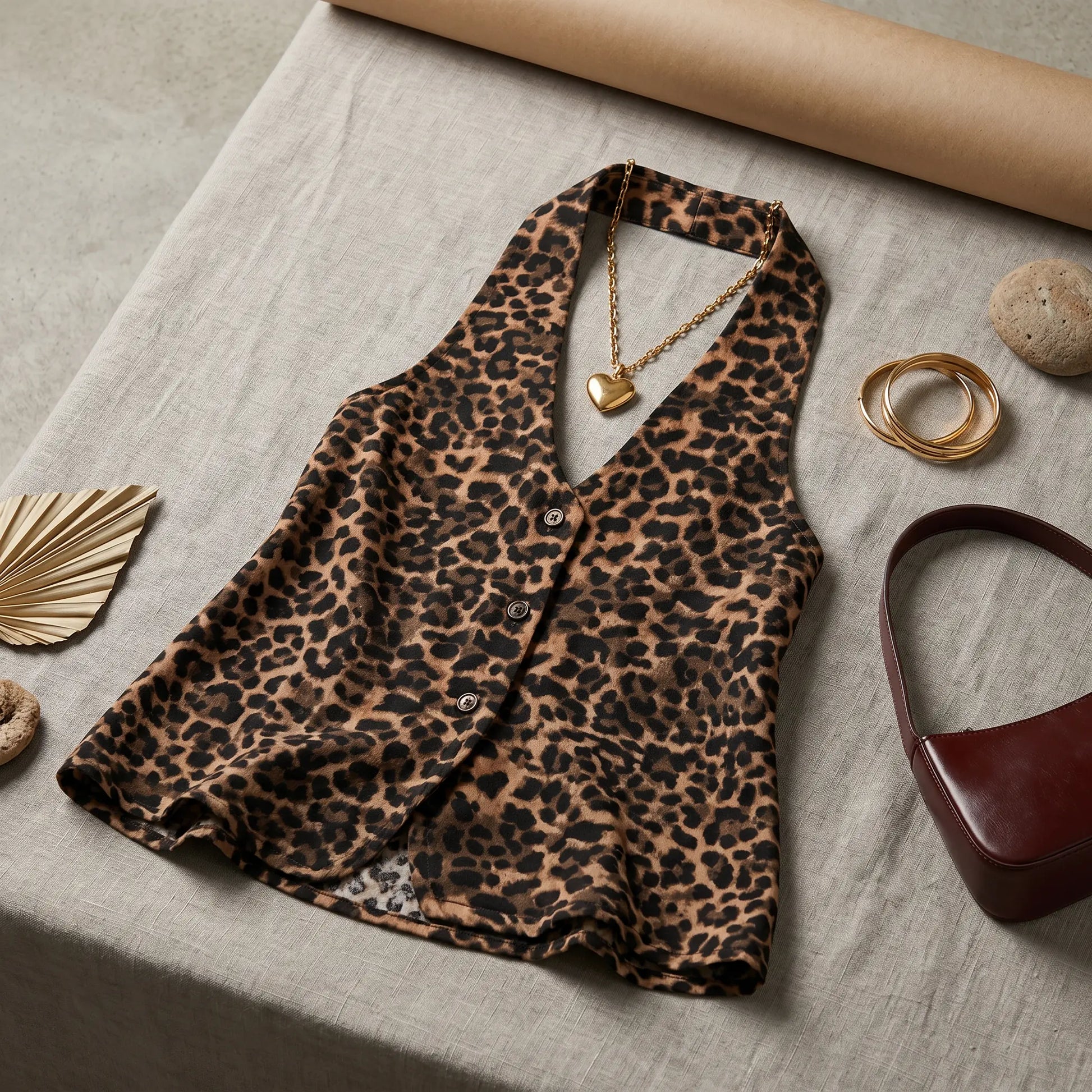 Kaelen leopard print halter top laid flat with gold heart necklace, bangles, and burgundy handbag on a textured neutral background.