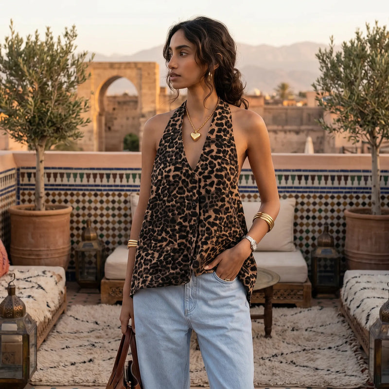 Model wearing a Kaelen leopard print halter neck top with a deep V-neckline, styled with light blue jeans on an outdoor rooftop terrace.