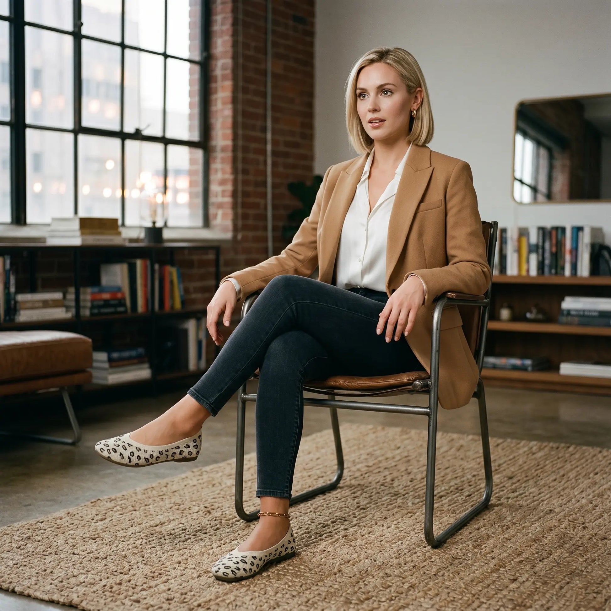 A woman wears Kaelen classic leopard print knit ballet flats with dark wash jeans and a camel blazer, seated in a stylish indoor setting.